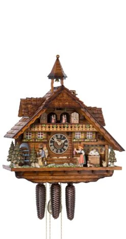 Cuckoo ClockBlack Forest House Clockmaker's Workshop With Moving Clockmaker, Clock Peddler, Black Forest Woman, Mill Wheel And Illuminated Windows