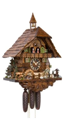 Cuckoo ClockBlack Forest House With Forest Scene And Moving Hunter And Turning Mill-wheel