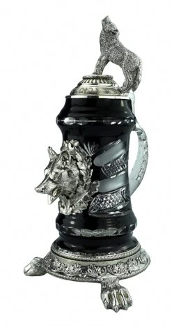 KING Crystal German Beer Stein 0.5 Liter Tankard, Beer Mug, Black, Pewter Foot On Wolf Paws And Howling Wolflid