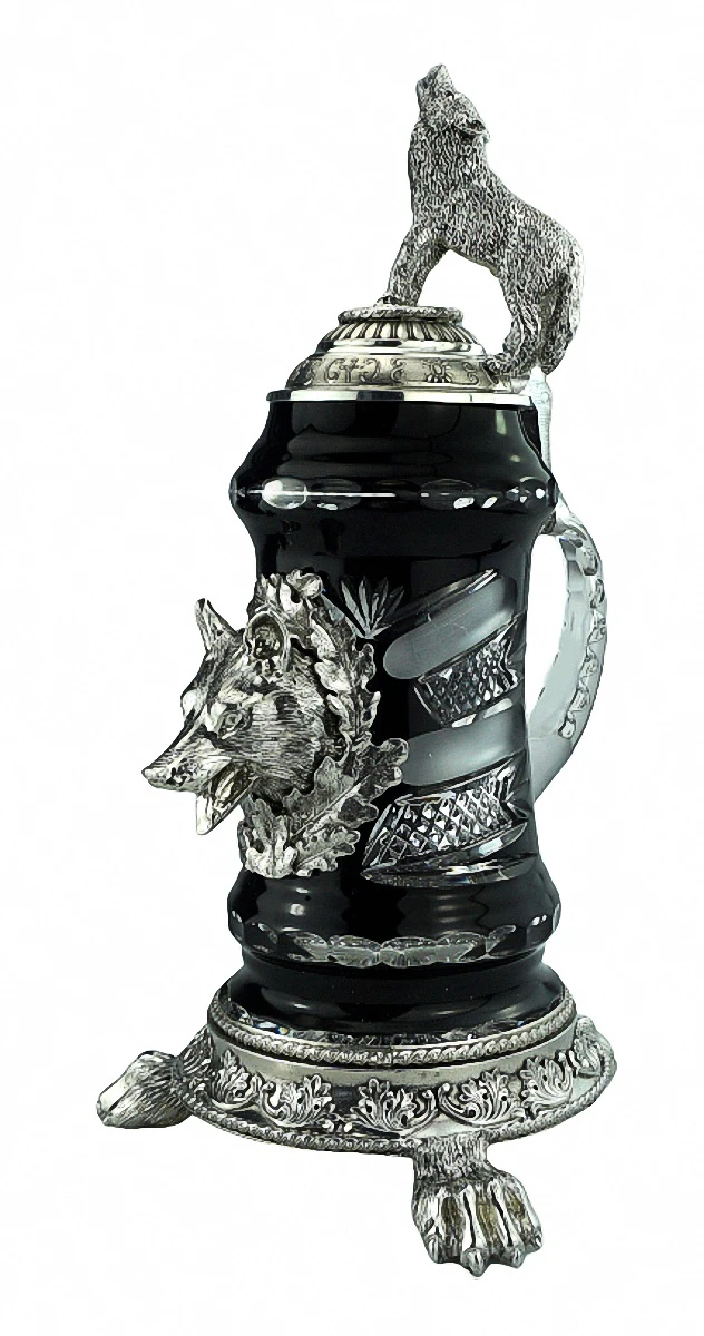 KING Crystal German Beer Stein 0.5 Liter Tankard, Beer Mug, Black, Pewter Foot On Wolf Paws And Howling Wolflid 3 KING Crystal German Beer Stein 0.5 Liter Tankard, Beer Mug, Black, Pewter Foot On Wolf Paws And Howling Wolflid