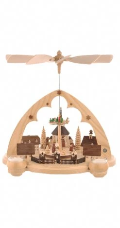 German Christmas Pyramid Arch Village Of Seiffen, 1-tier, Height 36 Cm / 14 Inch, Natural, Original Erzgebirge By Mueller Seiffen