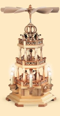 German Christmas Pyramid Christmas Story With Angels, 2-tier, Height 49 Cm / 19 Inch, Electrical Illuminated And Driven (120V, 50Hz), Natural, Original Erzgebirge By Mueller Seiffen