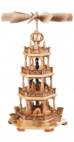 German Christmas Pyramid Forest Scene, 3-tier, Height 58 Cm / 23 Inch, Natural, Original Erzgebirge By Mueller Seiffen