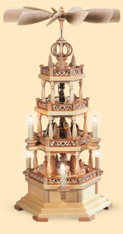 German Christmas Pyramid Forest Scene, 3-tier, Height 63 Cm / 25 Inch, Natural, Electrical Illuminated And Driven (120V, 50Hz), Natural, Original Erzgebirge By Mueller Seiffen