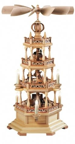 German Christmas Pyramid Erzgebirge Motif, 3-tier, Height 63 Cm / 25 Inch, Natural, Electrical Illuminated And Driven (120V, 50Hz), Original Erzgebirge By Mueller Seiffen