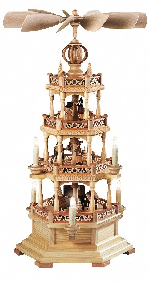 German Christmas Pyramid Erzgebirge Motif, 3-tier, Height 63 Cm / 25 Inch, Natural, Electrical Illuminated And Driven (120V, 50Hz), Original Erzgebirge By Mueller Seiffen 3 German Christmas Pyramid Erzgebirge Motif, 3-tier, Height 63 Cm / 25 Inch, Natural, Electrical Illuminated And Driven (120V, 50Hz), Original Erzgebirge By Mueller Seiffen