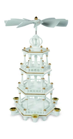 German Christmas Pyramid, 3-tier, Height 51 Cm / 20 Inch, White-gold, Original Erzgebirge By Mueller Seiffen