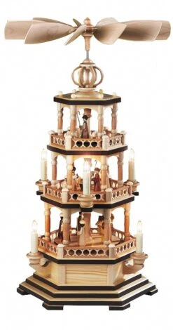 German Christmas Pyramid Christmas Story, 3-tier, Height 58 Cm / 23 Inch, Natural, Electrical Illuminated And Driven (120V, 50Hz), Original Erzgebirge By Mueller Seiffen
