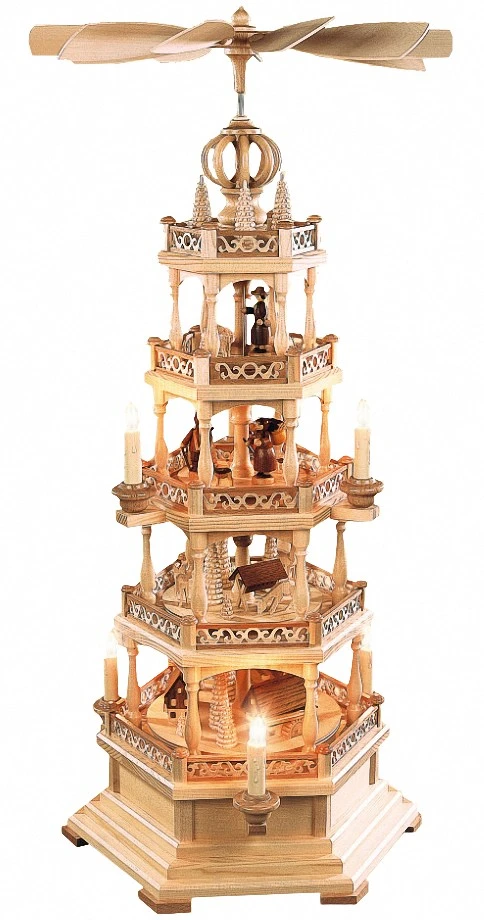 German Christmas Pyramid Erzgebirge Motif, 4-tier, Height 77 Cm / 30 Inch, Electrical Illuminated And Driven (120V, 50Hz), Natural, Original Erzgebirge By Mueller Seiffen 3 German Christmas Pyramid Erzgebirge Motif, 4-tier, Height 77 Cm / 30 Inch, Electrical Illuminated And Driven (120V, 50Hz), Natural, Original Erzgebirge By Mueller Seiffen