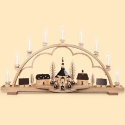 German Candle Arch Village Of Seiffen, Length 102 Cm / 40 Inch, Natural, Electrically Illuminated (120V, 50Hz), Limited Edition, Original Erzgebirge By Mueller Seiffen