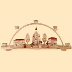 German Candle Arch Frauenkirche Dresden With Historical Buildings And Figurines, Length 47 Cm / 19 Inch, Natural, Original Erzgebirge By Mueller Seiffen