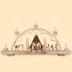 German Candle Arch Nativity Scene With Manger, Length 57 Cm / 22 Inch, Natural, Electrical Illuminated (120V, 50Hz), Original Erzgebirge By Mueller Seiffen