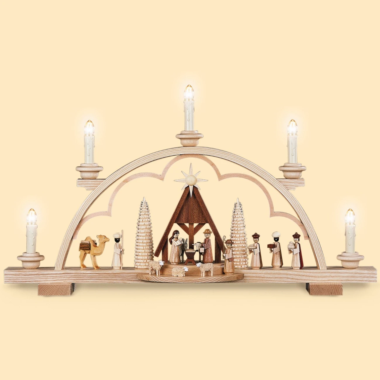 German Candle Arch Nativity Scene With Manger, Length 57 Cm / 22 Inch, Natural, Electrical Illuminated (120V, 50Hz), Original Erzgebirge By Mueller Seiffen 3 German Candle Arch Nativity Scene With Manger, Length 57 Cm / 22 Inch, Natural, Electrical Illuminated (120V, 50Hz), Original Erzgebirge By Mueller Seiffen