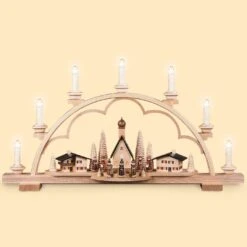 German Candle Arch Alp Village, Length 64 Cm / 25 Inch, Natural, Electrical Illuminated (120V, 50Hz), Original Erzgebirge By Mueller Seiffen