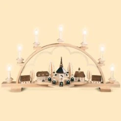 German Candle Arch Village Of Seiffen, Length 64 Cm / 25 Inch, Natural, Electrical Illuminated (120V, 50Hz), Original Erzgebirge By Mueller Seiffen