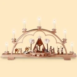 German Candle Arch Christmas Story, Length 64 Cm / 25 Inch, Natural, Electrical Illuminated (230V, 50Hz), Original Erzgebirge By Mueller Seiffen