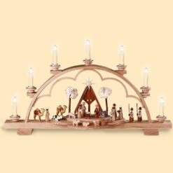 German Candle Arch Christmas Story, Length 64 Cm / 25 Inch, Natural, Electrical Illuminated (120V, 50Hz), Original Erzgebirge By Mueller Seiffen