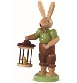 Easter Bunny, Male With Bird Cage, Height 11 Cm / 4 Inch, Coloured, Original Erzgebirge By Mueller Seiffen