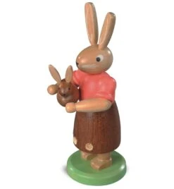 Easter Bunny, Female, Mother With Little Child, Height 11 Cm / 4 Inch, Coloured, Original Erzgebirge By Mueller Seiffen