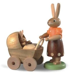 Easter Bunny, Female, Mother With Buggy, Height 11 Cm / 4 Inch, Coloured, Original Erzgebirge By Mueller Seiffen