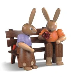 Easter Bunny, Couple, On Garden Bench, Height 9 Cm / 4 Inch, Coloured, Original Erzgebirge By Mueller Seiffen