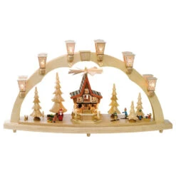 German Candle Arch Advent House, Length 80 Cm / 32 Inch, Natural, Electrically Illuminated, Original Erzgebirge By Richard Glaesser Seiffen
