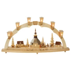 German Candle Arch Village Of Seiffen, Length 80 Cm / 32 Inch, Natural, Electrically Illuminated, With Music Box, Original Erzgebirge By Richard Glaesser Seiffen