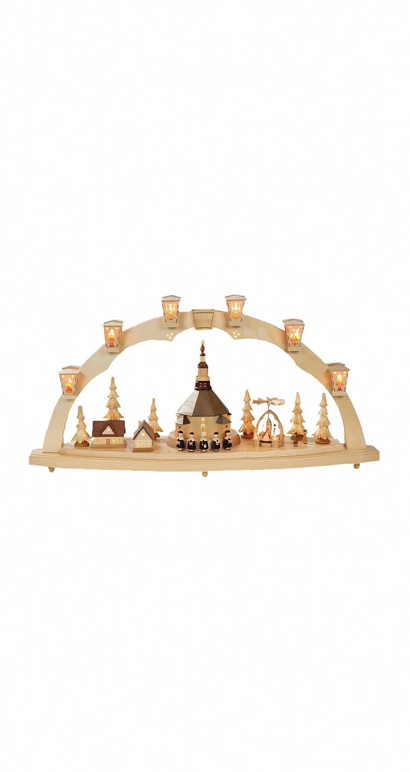 German Candle Arch, Church Of Seiffen With Pyramid, Length 80 Cm / 31 Inch, Natural, Original Erzgebirge By Richard Glaesser Seiffen 3 German Candle Arch, Church Of Seiffen With Pyramid, Length 80 Cm / 31 Inch, Natural, Original Erzgebirge By Richard Glaesser Seiffen