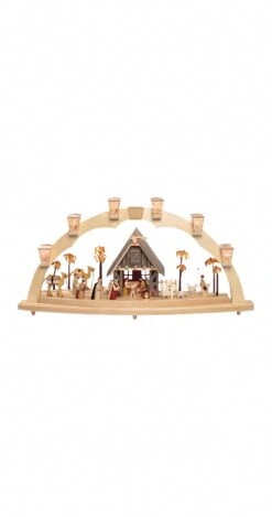 German Candle Arch, Nativity Scene, Length 80 Cm / 31 Inch, Natural, Electrically Illuminated, Original Erzgebirge By Richard Glaesser Seiffen