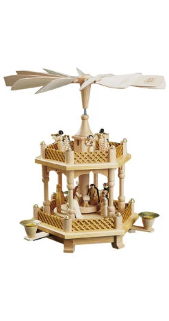 German Christmas Pyramid Nativity Scene, 1-tier, Height 33 Cm / 13 Inch, Natural, Original Erzgebirge By Richard Glaesser Seiffen