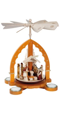 German Christmas Pyramid Nativity Scene, Height 27 Cm / 11 Inch, Natural With Tealights, Original Erzgebirge By Richard Glaesser Seiffen