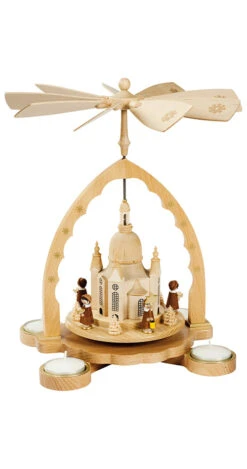 German Christmas Pyramid Frauenkirche Church, Height 27 Cm / 11 Inch, Natural With Tealights, Original Erzgebirge By Richard Glaesser Seiffen
