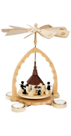 German Christmas Pyramid Seiffen Church, Height 27 Cm / 11 Inch, Natural With Tealights, Original Erzgebirge By Richard Glaesser Seiffen