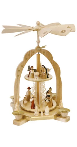 German Christmas Pyramid Nativity Scene, 2-tier, Height 31 Cm / 12 Inch, Natural, Original Erzgebirge By Richard Glaesser Seiffen