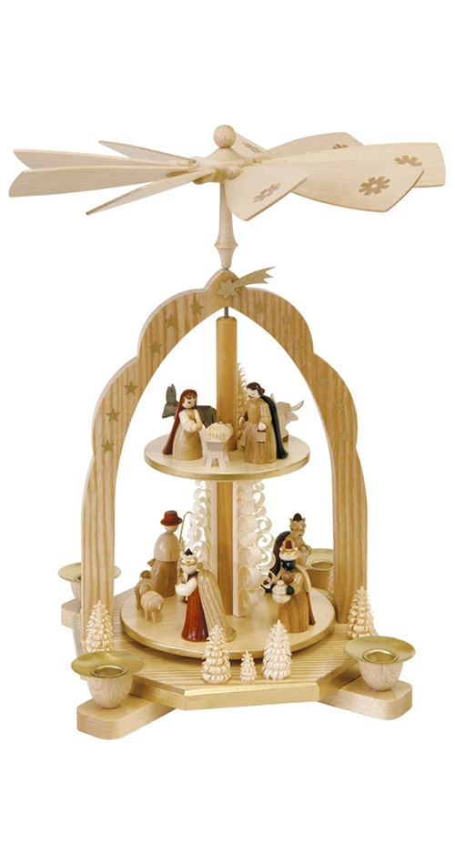 German Christmas Pyramid Nativity Scene, 2-tier, Height 31 Cm / 12 Inch, Natural, Original Erzgebirge By Richard Glaesser Seiffen 3 German Christmas Pyramid Nativity Scene, 2-tier, Height 31 Cm / 12 Inch, Natural, Original Erzgebirge By Richard Glaesser Seiffen