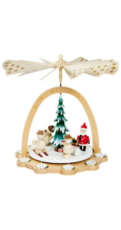 German Christmas Pyramid Snowmen, Height 40 Cm / 16 Inch, Natural With Tealights, Original Erzgebirge By Richard Glaesser Seiffen