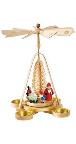 German Christmas Pyramid Santa Giving Out X-mas Presents, Height 28 Cm / 11 Inch, Natural With Tealights, Original Erzgebirge By Richard Glaesser Seiffen
