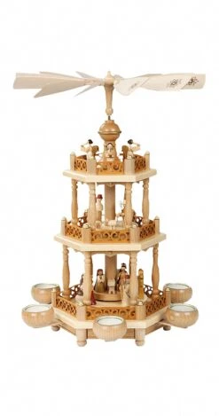 German Christmas Pyramid Nativity Scene, 2-tier, Height 46 Cm / 18 Inch, Natural, Original Erzgebirge By Richard Glaesser Seiffen