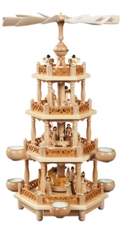 German Christmas Pyramid Nativity Scene, 3-tier, Height 55 Cm / 22 Inch, Natural With Tealights, Original Erzgebirge By Richard Glaesser Seiffen