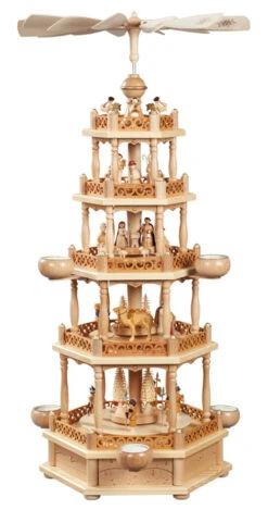 German Christmas Pyramid Nativity Scene, 4-tier, Height 74 Cm / 29 Inch, Natural With Tealights, Original Erzgebirge By Richard Glaesser Seiffen