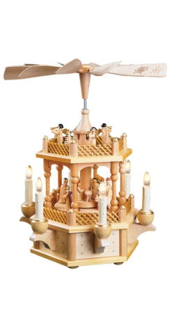 German Christmas Pyramid Nativity Scene, Height 33 Cm / 13 Inch, Electrical Illuminated And Driven, Original Erzgebirge By Richard Glaesser Seiffen