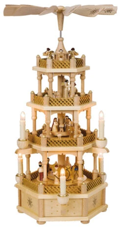 German Christmas Pyramid Nativity Scene, 3-tier, Height 59 Cm / 23 Inch, Electrical Illuminated And Driven, Original Erzgebirge By Richard Glaesser Seiffen