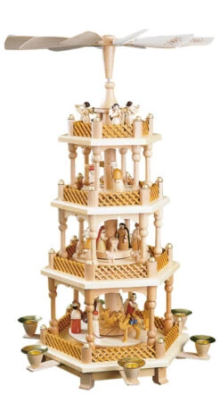 German Christmas Pyramid Nativity Scene, 3-tier, Height 54 Cm / 21 Inch, Natural, Original Erzgebirge By Richard Glaesser Seiffen