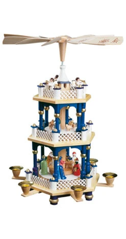 German Christmas Pyramid Nativity Scene, 2-tier, Height 40 Cm / 16 Inch, Original Erzgebirge By Richard Glaesser Seiffen