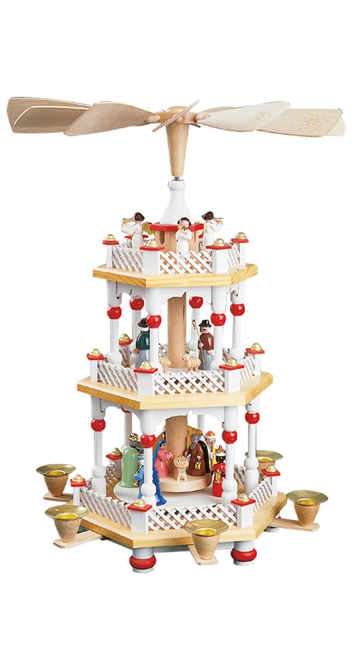 German Christmas Pyramid Nativity Scene, 2-tier, Height 40 Cm / 16 Inch, Original Erzgebirge By Richard Glaesser Seiffen 3 German Christmas Pyramid Nativity Scene, 2-tier, Height 40 Cm / 16 Inch, Original Erzgebirge By Richard Glaesser Seiffen