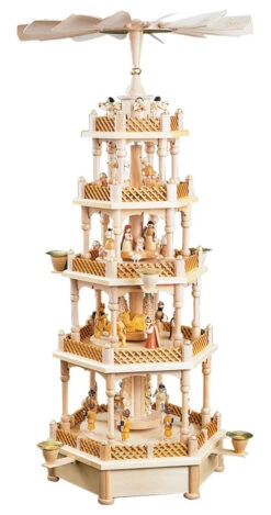 German Christmas Pyramid Nativity Scene, 4-tier, Height 70 Cm / 28 Inch, Natural, Original Erzgebirge By Richard Glaesser Seiffen