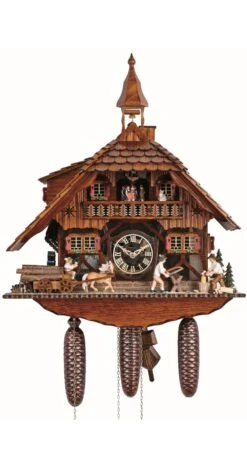 Cuckoo ClockBlack Forest House With 2 Moving Wood Choppers And Mill Wheel