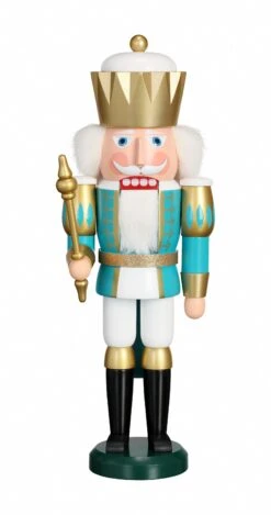 German Nutcracker King White-turquoise, Height 40 Cm / 16 Inch, Original Erzgebirge By Seiffener Volkskunst