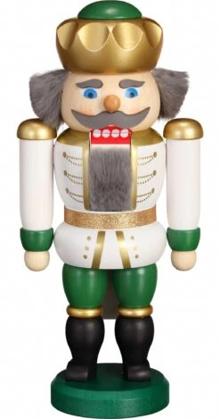 German Nutcracker King White-green, Height 20 Cm / 9 Inch, Original Erzgebirge By Seiffener Volkskunst