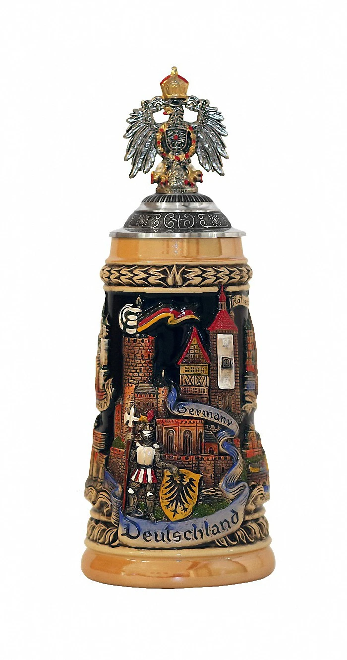 German Beer Stein Germany 0.5 Liter Tankard, Yellow, With Ptd. Pewter Lid And Pewter Eagle, Beer Mug ZO 1746/9913 3 German Beer Stein Germany 0.5 Liter Tankard, Yellow, With Ptd. Pewter Lid And Pewter Eagle, Beer Mug ZO 1746/9913